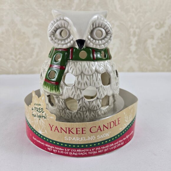 Yankee Candle Ceramic Owl Tea Light Candle Holder White Green Red Striped Scarf - Picture 1 of 12